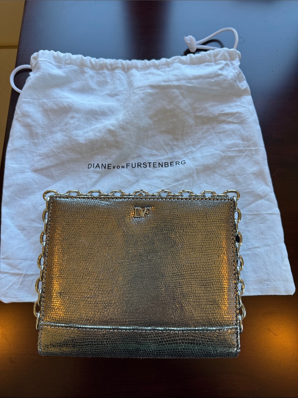 Diane von Furstenberg Metallic Silver Chain-Trim Clutch